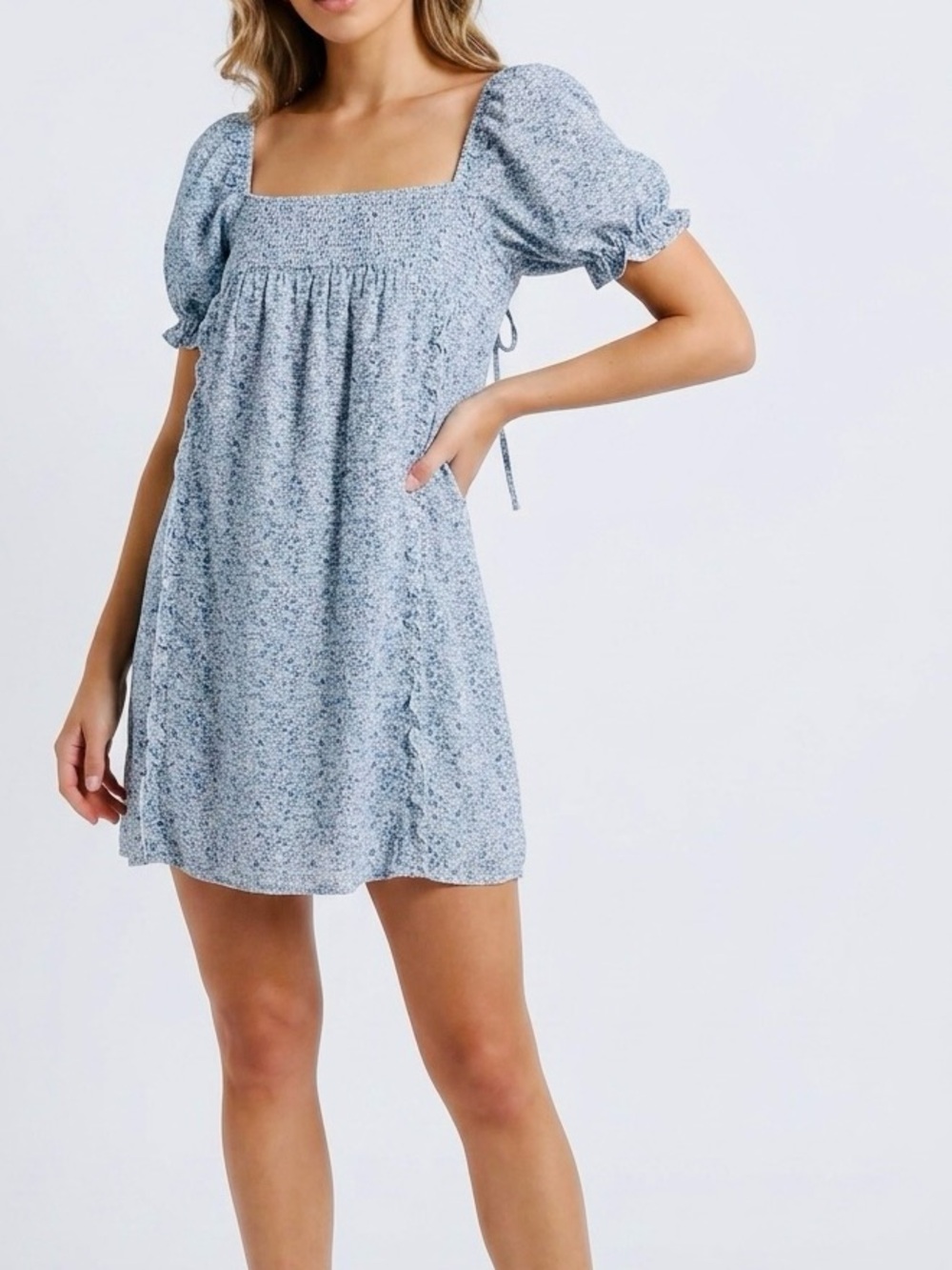 KILIBBI Smocked Blue & White Floral Print Square Neck Dress w Puffy Sleeves